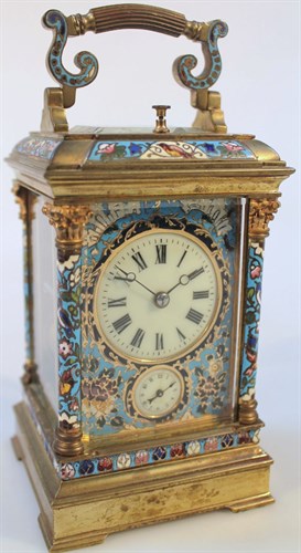Lot3 A late 19thC French gilt brass and champleve enamel striking and repeating carriage clock with alarm