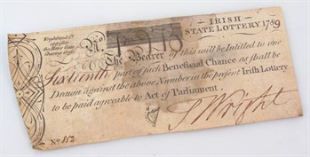 Lot 13 Irish Lottery Ticket 18th Century