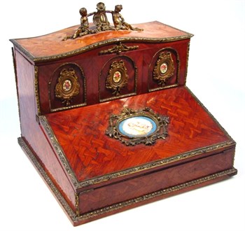 Thumbnail _lot1 A 19thC French gilt metal Louis XV style walnut kingwood and parquetry travelling stationery cabinet