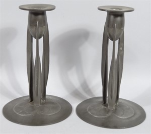 Thumbnail _lot 612 A pair of Archibald Knox design Tudric pewter Arts & Crafts metal candlesticks