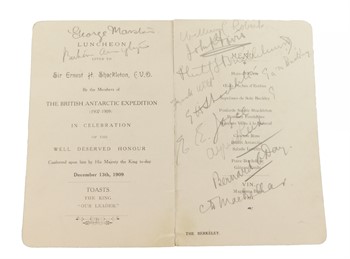 Lot 3 A Signed Menu Card, for The Luncheon Given to Sir Ernest Shackleton CVO by the Members of The British Antarctic Expedition